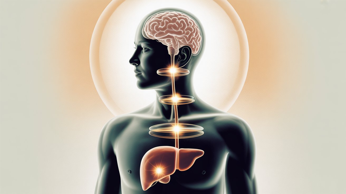 Translucent human figure in profile with a visible brain and liver connected by three softly glowing amber pulses along a vertical column of light, illustrating the hypothalamus, pituitary, and liver axis that governs growth hormone signaling