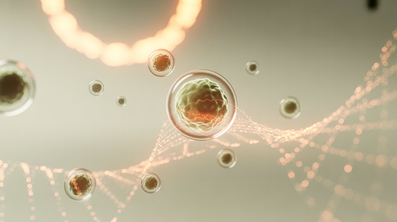 Floating translucent immune cells suspended in soft warm light with glowing amber DNA helix strands weaving through the composition, illustrating immune cell biology and longevity-related cellular signaling