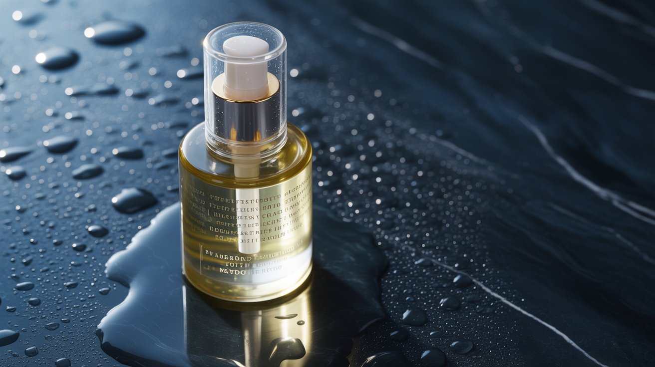 Luxury glass serum bottle with metallic pump surrounded by water droplets, with teal light refracting through the glass on a dark marble surface