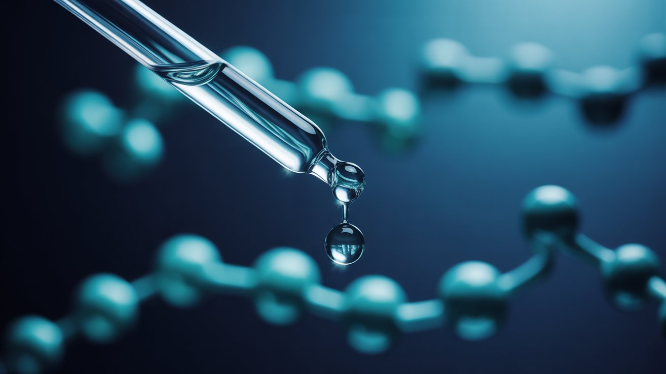 Glass dropper releasing a luminous serum drop against a dark navy background, illustrating the science of peptide molecules