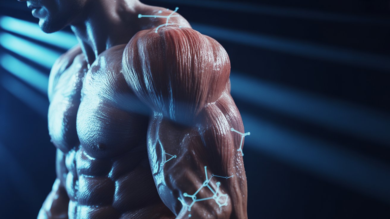Close-up of athletic muscle tissue illuminated by cool teal light with glowing molecular structures overlaid, representing peptide signaling in recovery