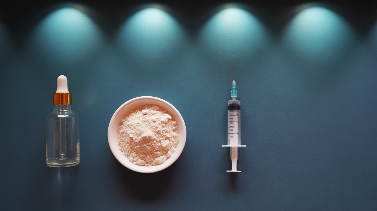 Three peptide delivery formats side by side — a serum dropper, collagen powder, and clinical syringe — each lit in teal against a dark surface
