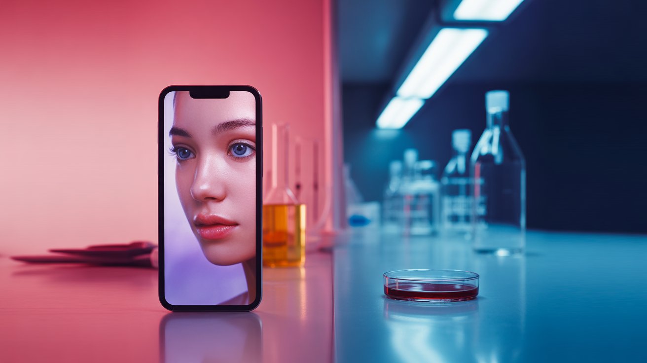 Split scene contrasting a glowing phone screen showing beauty content on the left with a calm clinical lab on the right, representing hype versus science