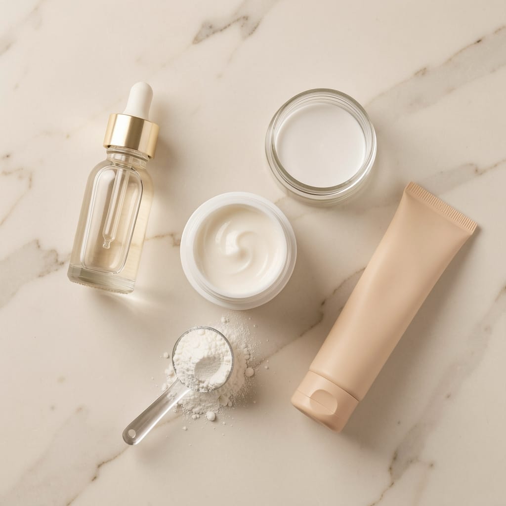 Skincare serums, creams, and supplement products